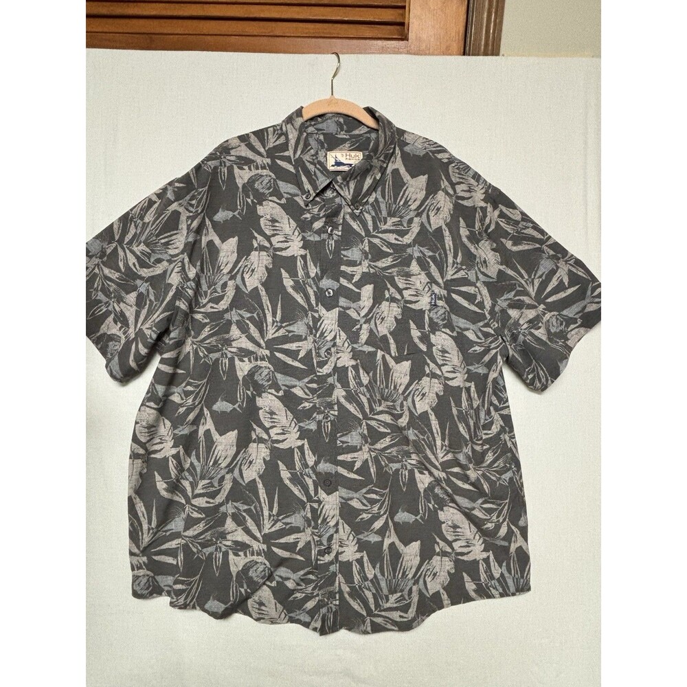 Huk Fishing Button Up Shirt Mens 2XL Floral Green White Hawaiian Lens Cleaner